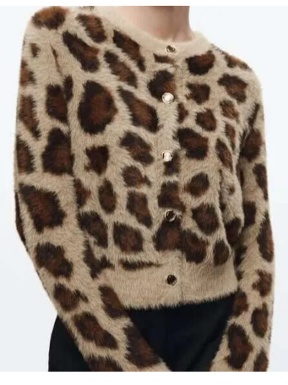Zara Leopard / Jacquard Print Faux Fur Teddy Cardigan - Brown & Beige
